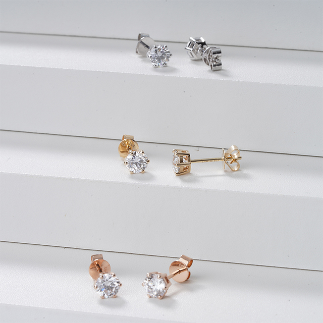 HPHT CVD Lab Grown Diamond 14K Gold Diamond Stud ต่างหูเพชรทรงกลมสุกใส