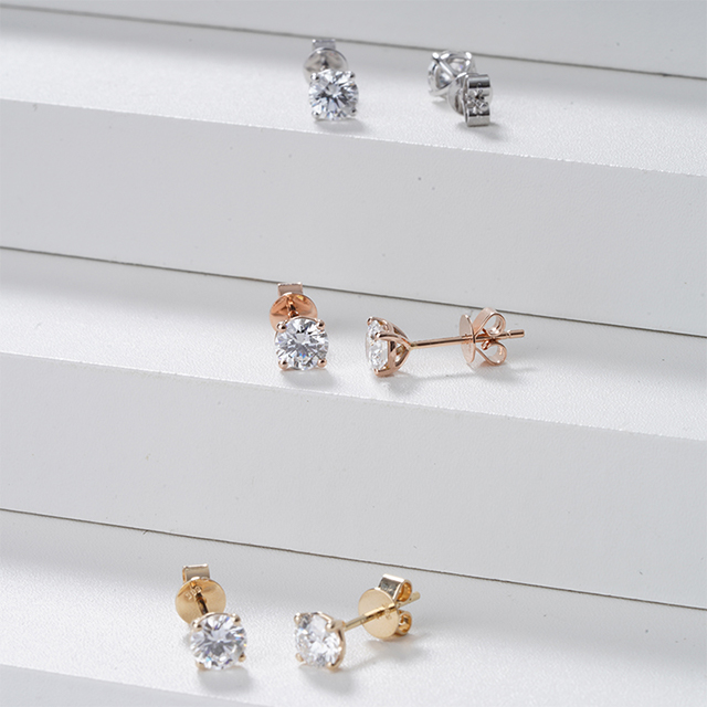 HPHT CVD Lab Grown Diamond 14K Gold Diamond Stud ต่างหูเพชรทรงกลมสุกใส